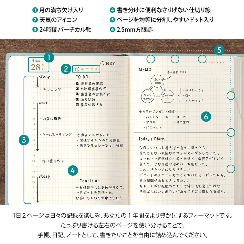 Kalendarz dzienny Midori Hibino 2026 | Niebieskozielony