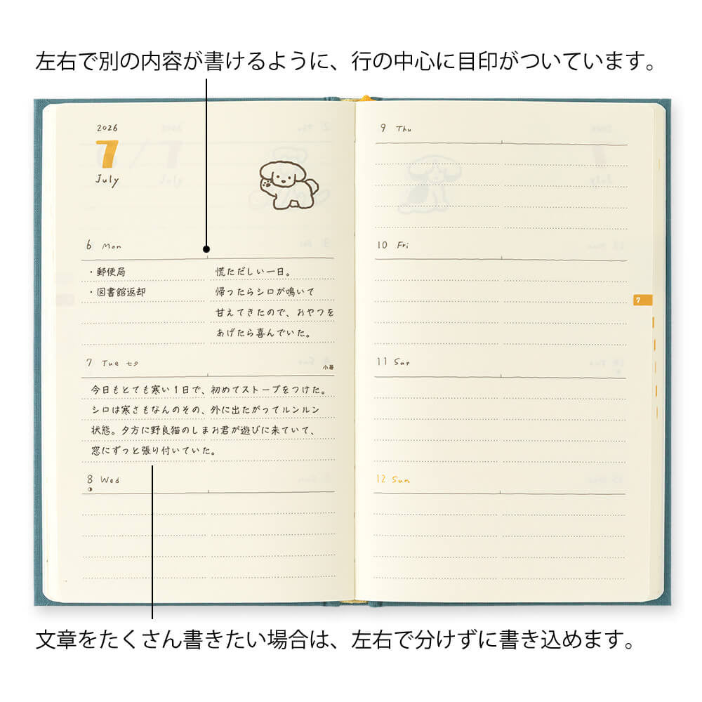 Kalendarz Midori Diary Book Type B6 2026 | Niebieskozielony z psami