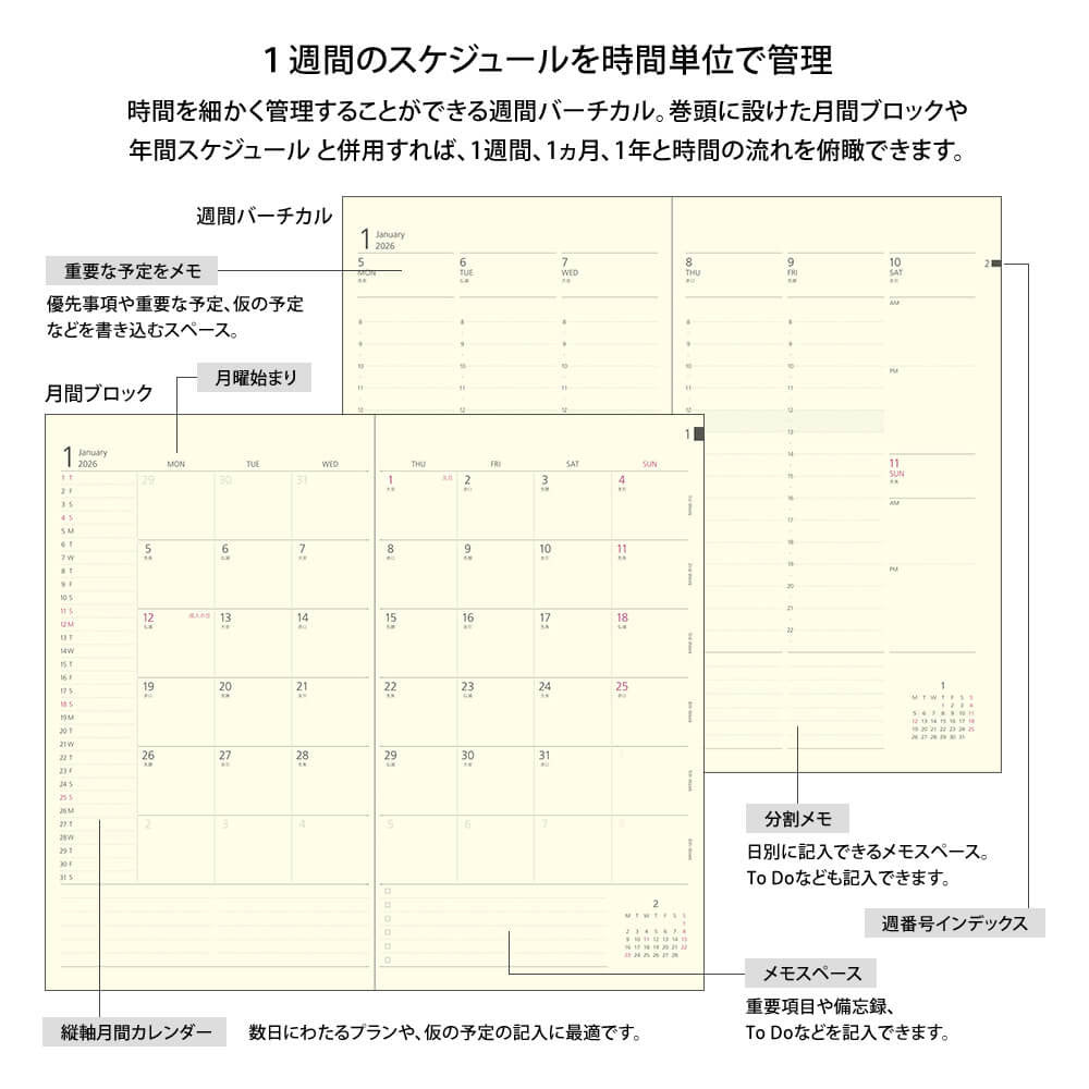 Kalendarz tygodniowy wertykalny 2026 Midori | Professional Slim | Kwiaty