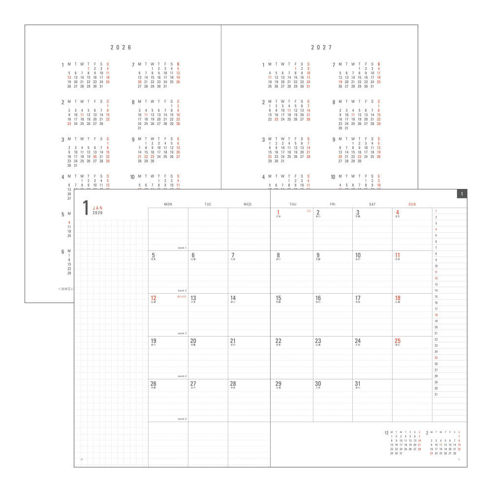 Kalendarz miesięczny Midori Flat Diary 2026 | A4