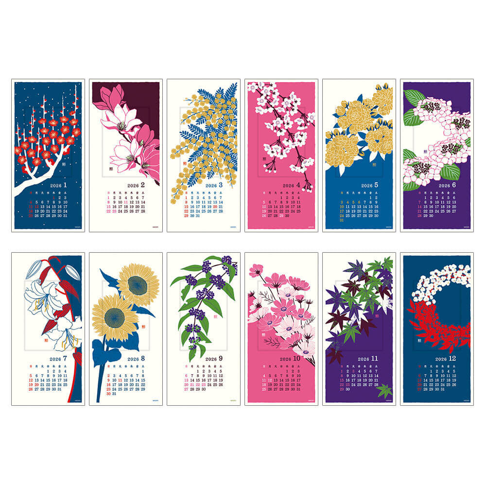 Kalendarz na ścianę Midori 2026 | Echizen Washi S | Kwiaty