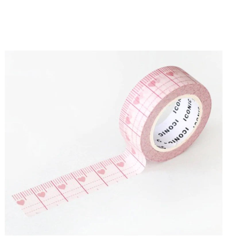 Taśma ICONIC Masking Tape | Różowa linijka z sercami