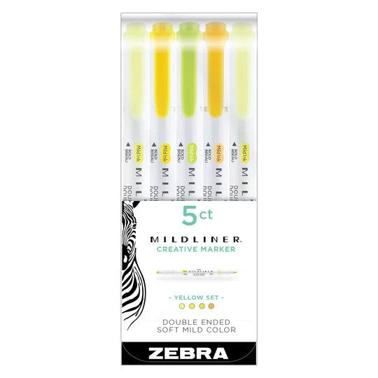 Zestaw zakreślaczy MILDLINER z podwójną końcówką Zebra 5 szt. | Yellow Set