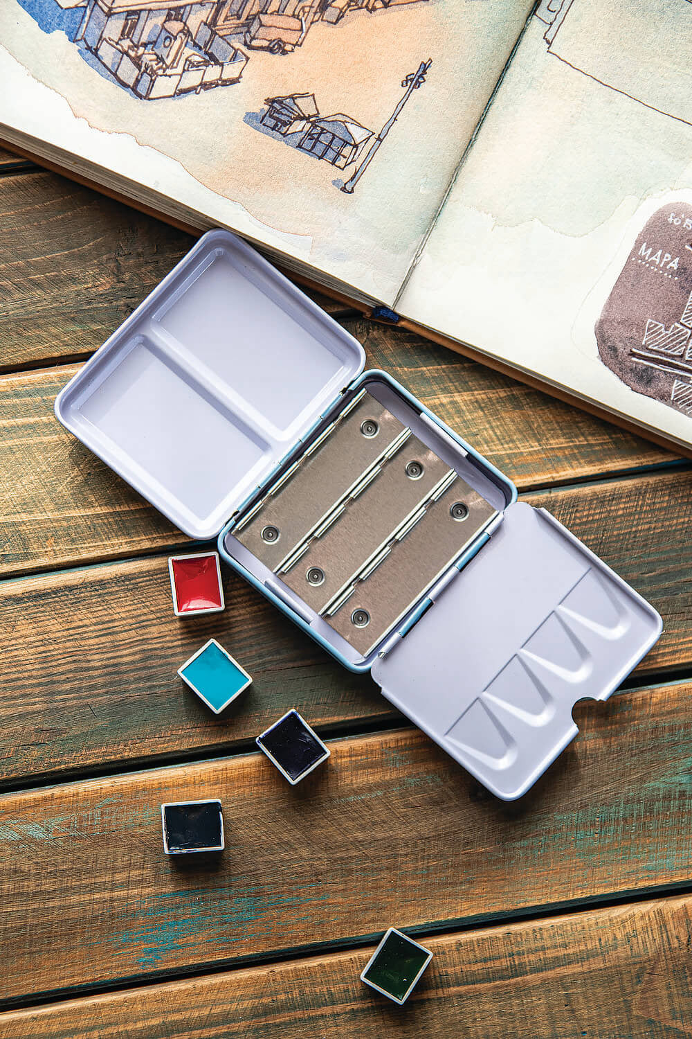 Zestaw akwareli w półkostkach Mini Urban Sketchers 8 kolorów | Złoty