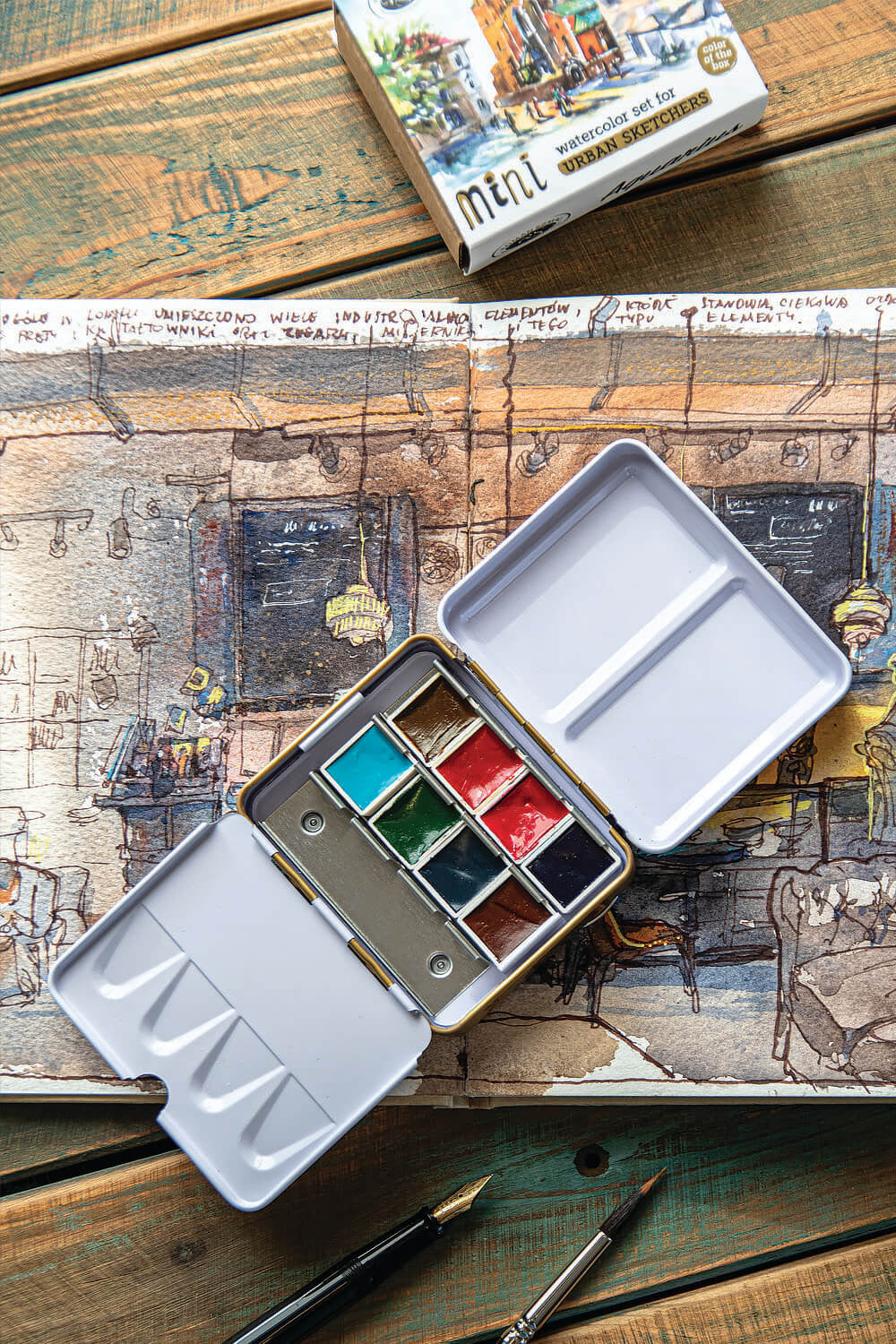 Zestaw akwareli w półkostkach Mini Urban Sketchers 8 kolorów | Brzoskwiniowy