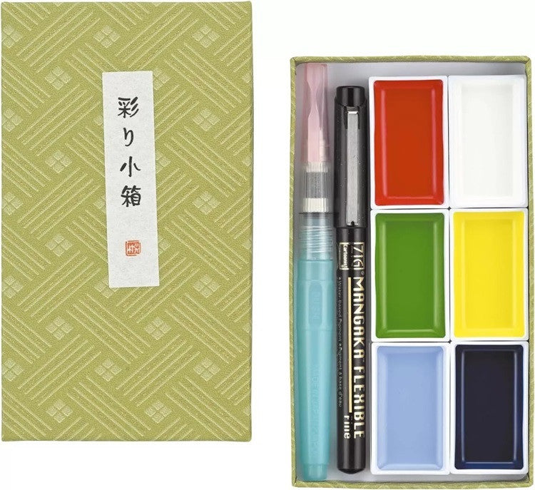 Farby akwarelowe Kuretake Gansai Tambi Irodori Kobako GREEN 2 | 6 kolorów