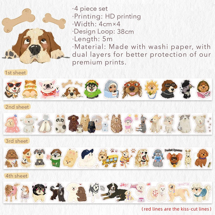 Zestaw naklejek w taśmie Washi | Wesołe szczeniaki
