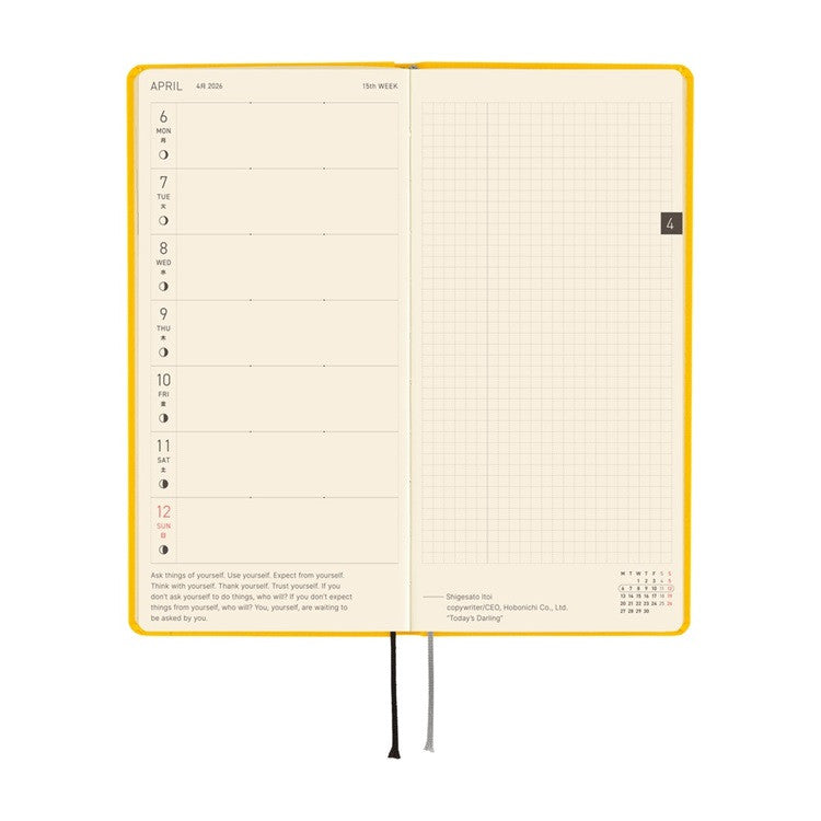 Kalendarz Tygodniowy 2026 Hobonichi Techo Weeks | Colors: Full Moon Yellow | Edycja angielska